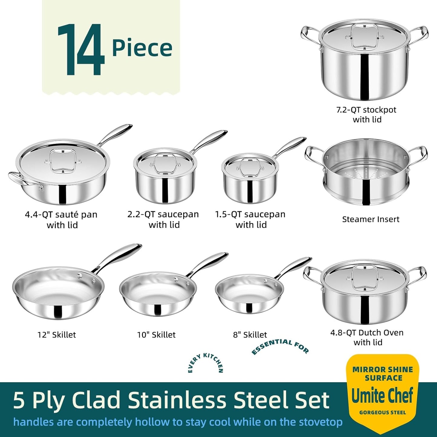 Umite Chef Stainless Steel Cookware Set, 5 Ply 14 Piece Stainless Steel Pot and Pan Set-Induction, Heavy Chef Quality, Oven Safe | Professional Kitchen Cooking Appliances, PFOA, PTFE & PFOS Free