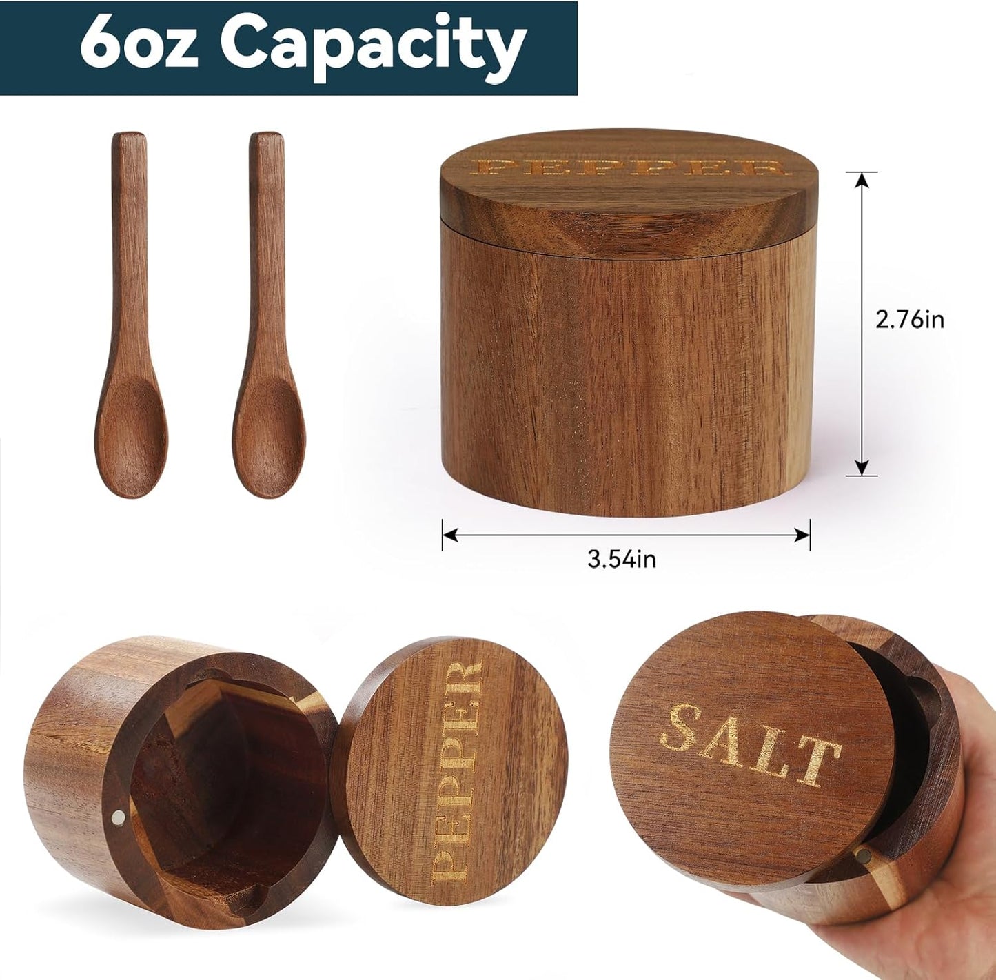 Salt Cellar, Elegant Salt and Pepper Set, 2PCS Acacia Wood Salt Container with Built-in Spoon & Swivel Lid, Engraved SALT & PEPPER Box, Salt Holder for Countertop Seasoning Storage