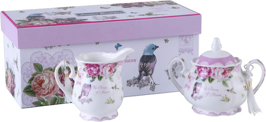 London Boutique Porcelain Teapot Sugar Bowl and Cream Milk Jug Shabby Chic Vintage Floral in Gift box 40oz (Cream & Sugar Set Bird Rose Butterfly)