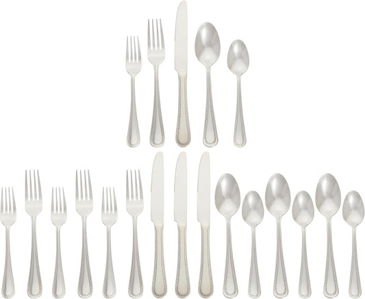 Amazon Basics Silverware Set, Stainless Steel Flatware, Dishwasher Safe, Service for 4, 20-Piece Forks and Spoons, Pearled Edge
