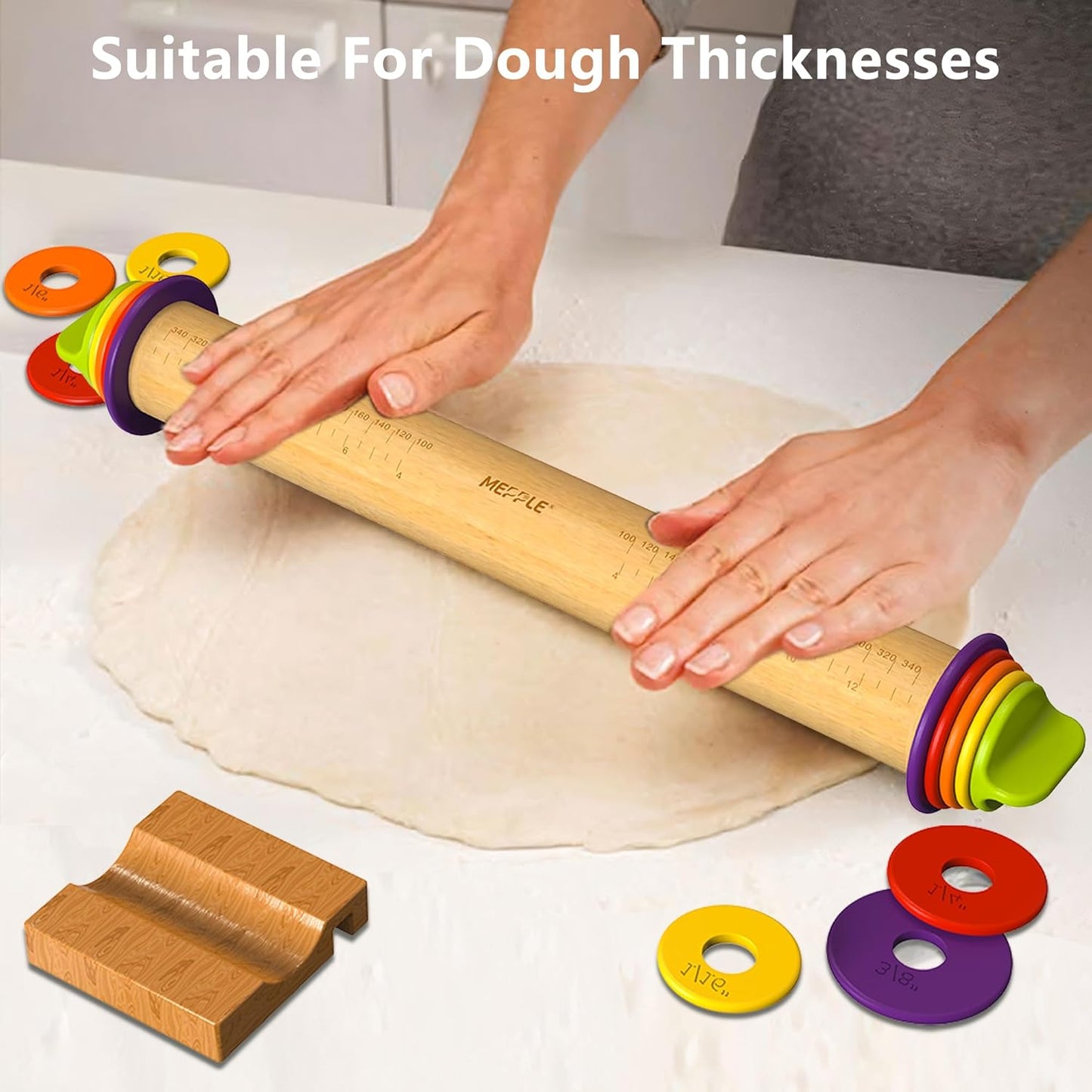 Rolling Pin with Thickness Rings and Pastry Baking Mat, 13.6" Adjustable Wooden Rolling Pin Dough Roller for Baking Cookie Pizza, Comes with Large Silicone Pastry Mat and Wooden Stand