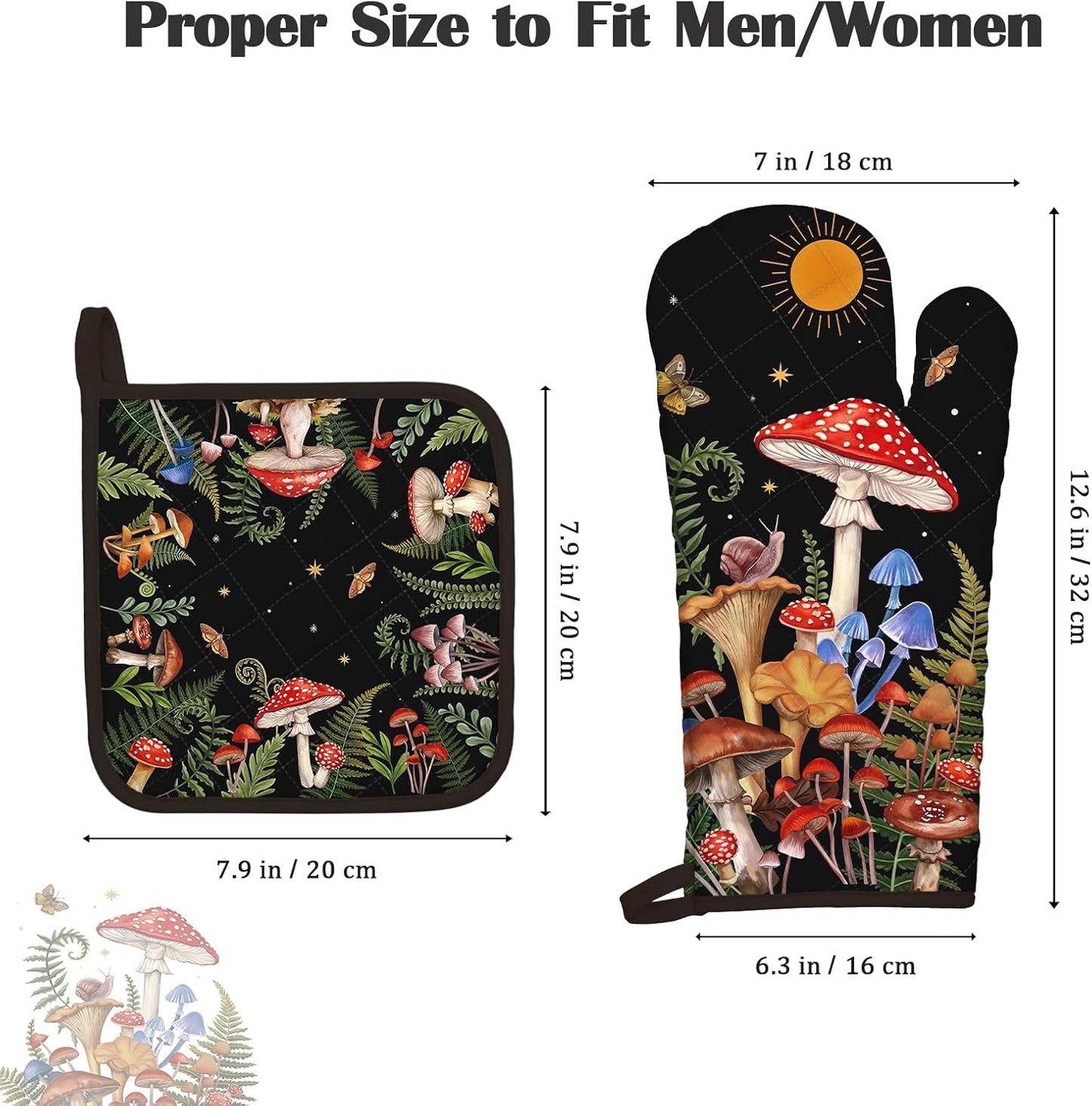 Mushroom Grass Oven Mitts and Pot Holders Sets 2Pcs, 100% Cotton Heat Resistant, Extra Long Oven Gloves Potholder for Kitchen Cooking Baking Decoration