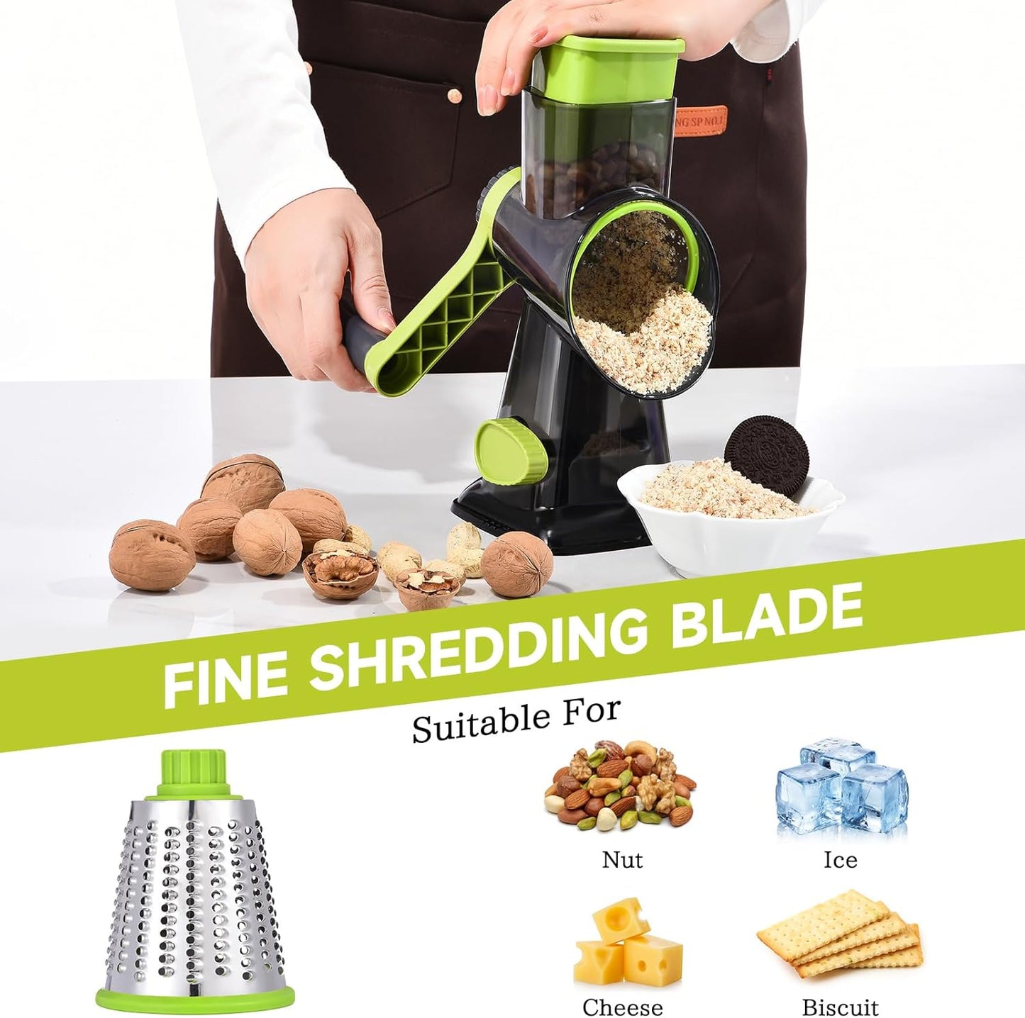 Rotary Cheese Grater with Handle Kitchen Shredder Slicer Grater Slicer Ice Shaver Cheese Vegetable Nuts Potato Zucchini Chocolate 3 Interchangeable Blades (blue)