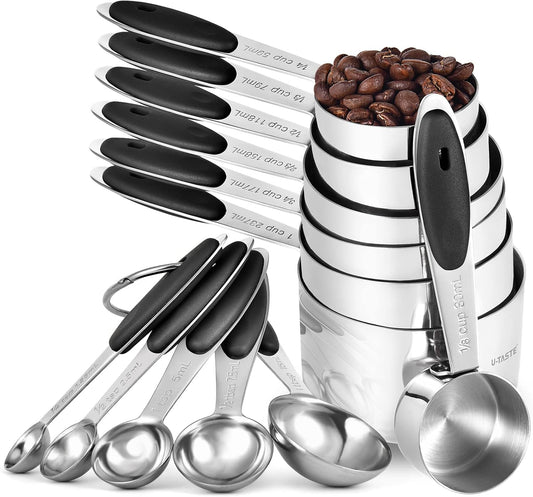 Measuring Cups and Spoons Set: U-Taste 18/8 Stainless Steel 12 Pieces Metal Stacking Kitchen Baking Cooking Food Measure Set 7 Cups 5 Spoons with Strengthened Weld Joints (Black, Upgraded Version)