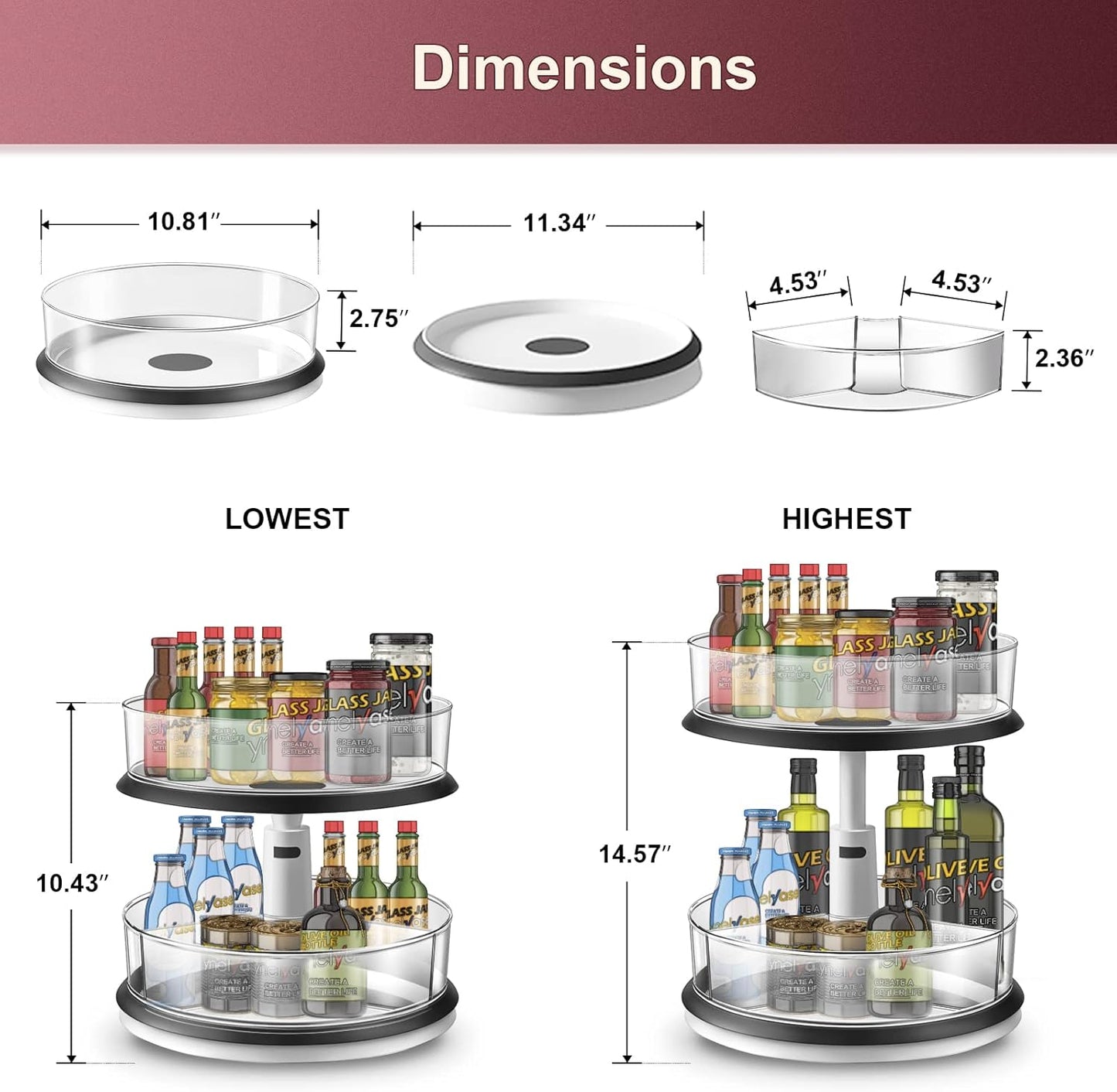 2 Tier Lazy Susan Organizer Clear Turntable for Cabinet Bathroom Countertop and Pantry with Large Spice Rack (11 Inch, White)