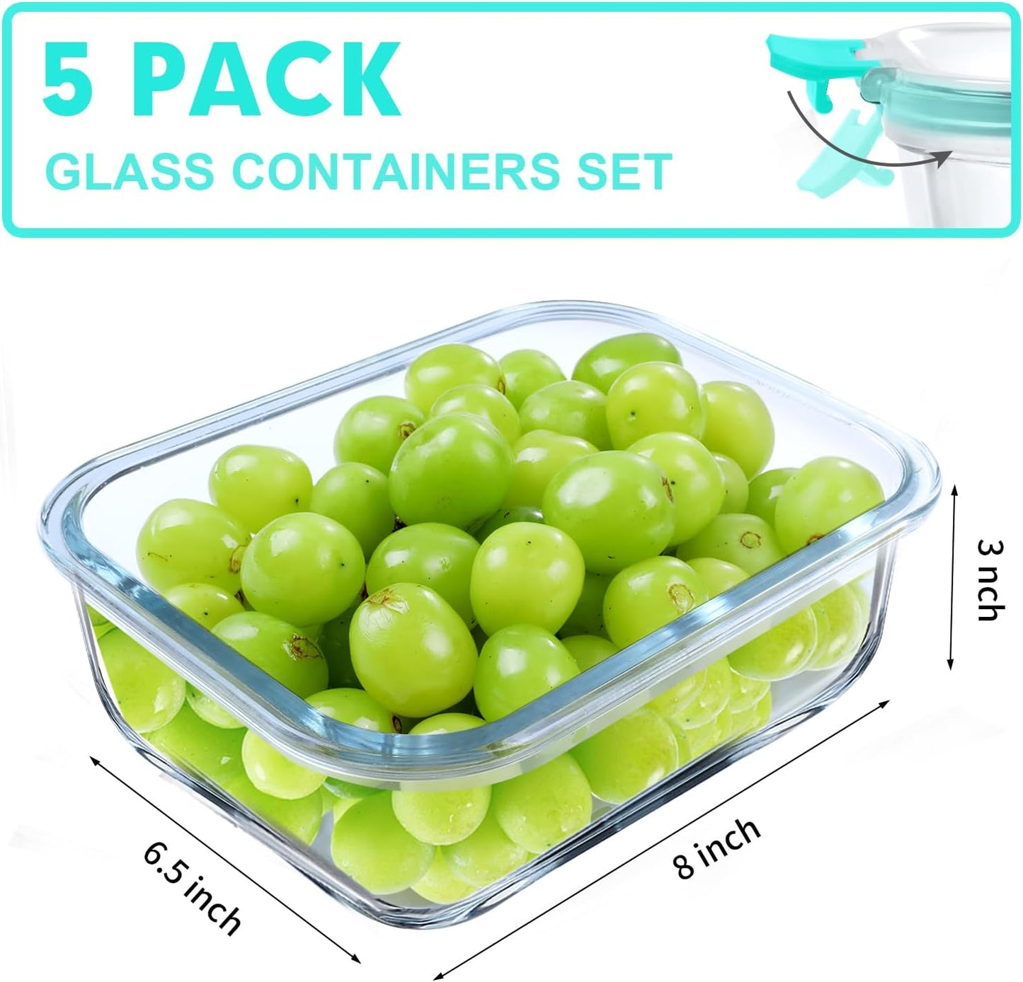 VERONES 5 Pack 36 OZ Glass Meal Prep Containers, Airtight Glass Lunch Containers Set, Glass Food Storage Containers with Lids,Exclusive of BPA, for Microwave, Oven, Freezer & Dishwasher Friendly,Green