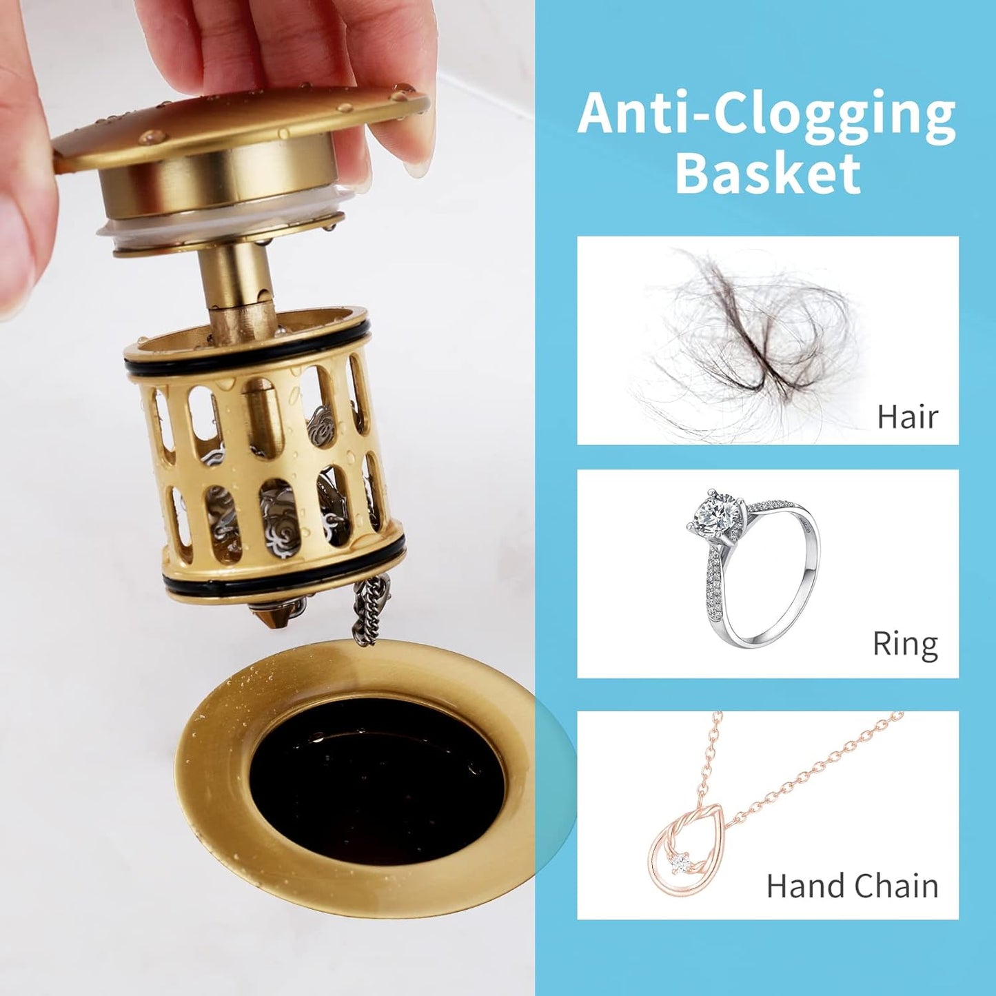 Bathroom Sink Pop Up Drain Without Overflow, Vessel Sink Drain with Detachable Filter Basket, Anti-Corrosion and Anti-Clogging Sink Pop Up Drain Stopper (Brushed Gold)