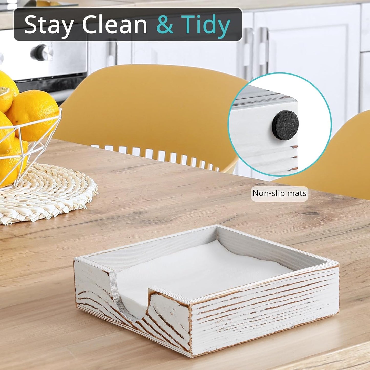 Napkin Holder for Table, White Washed Wood Napkins Holders For Paper Napkins, Flat Napkin Holder for Luncheon, Napkin Holders for Kitchen Dinner Decor, Napkin Dispenser for Indoor & Outdoor Use