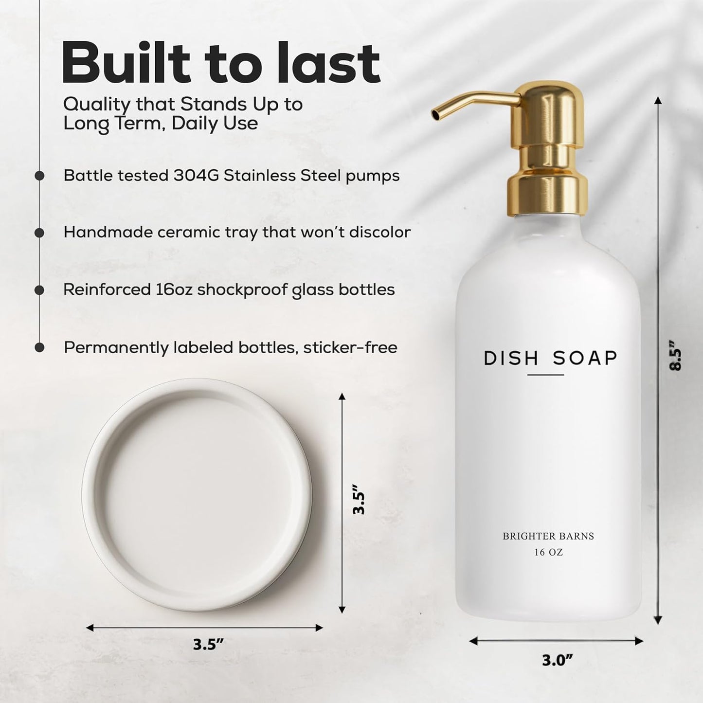 Luxury Glass Dish Soap Dispenser for Kitchen Sink by Brighter Barns - Modern Kitchen Soap Dispenser Set - Refillable Glass Pump Bottle and Tray - White and Gold Home Decor and Accessories, Gift (Gold)