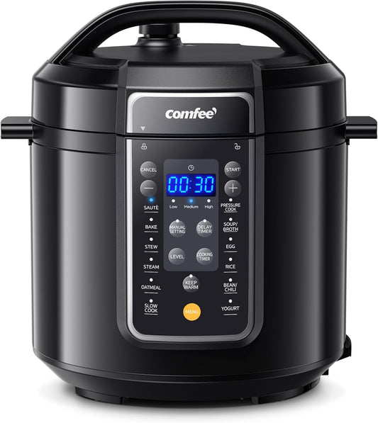 COMFEE’ 9-in-1 Electric Pressure Cooker, 14 Presets Instant Multi Cooker Olla de Presion Non-Stick Pot Yogurt Maker Rice Cooker Slow Cooker Sauté Steamer 6 Quarts Black