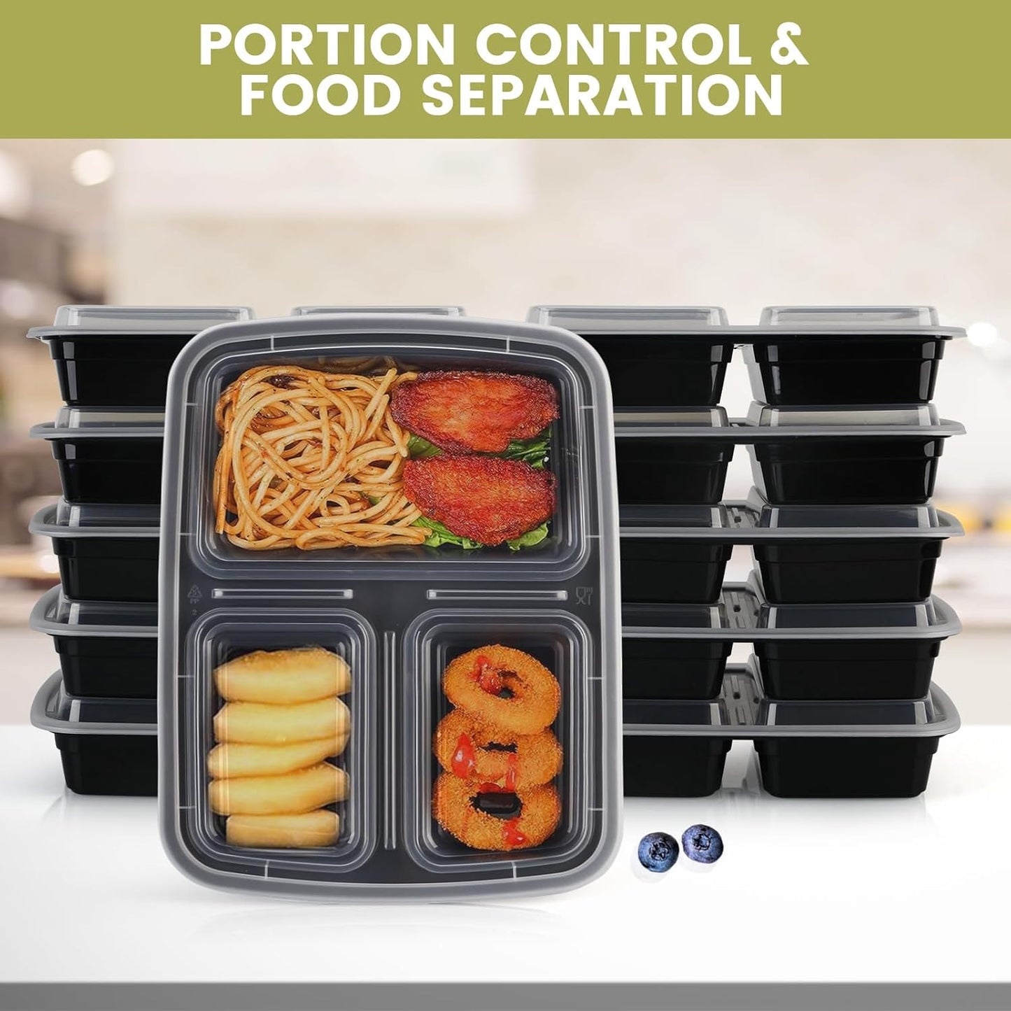 32oz Meal Prep Containers 3 Compartment: 20 Pack Plastic To Go Food Containers Reusable, Leakproof Food Storage with Lids for Takeout, BPA-Free, Microwave/Dishwasher/Freezer Safe