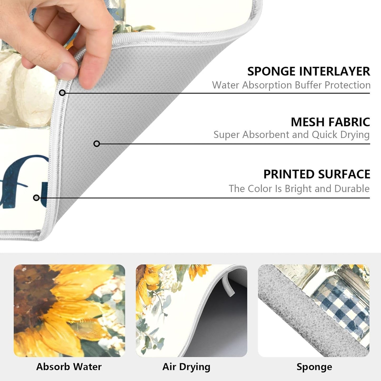 Autumn Pumpkin and Sunflower Floral Vase Dish Drying Mat for Kitchen Counter Absorbent Microfiber Large Drying Pad Dish mats for Kitchen Countertops 18 x 24 Inch