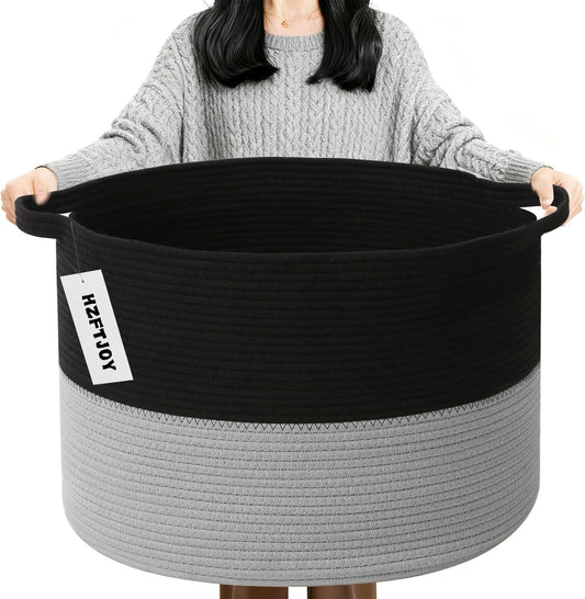 Large Blanket Basket for Organizing,65L Closet Organizers and Storage Bins Box for Shelves Woven Rope Storage Baskets,Living Room,Bedroom,Dorm,Laundry room (Black&Light Grey)