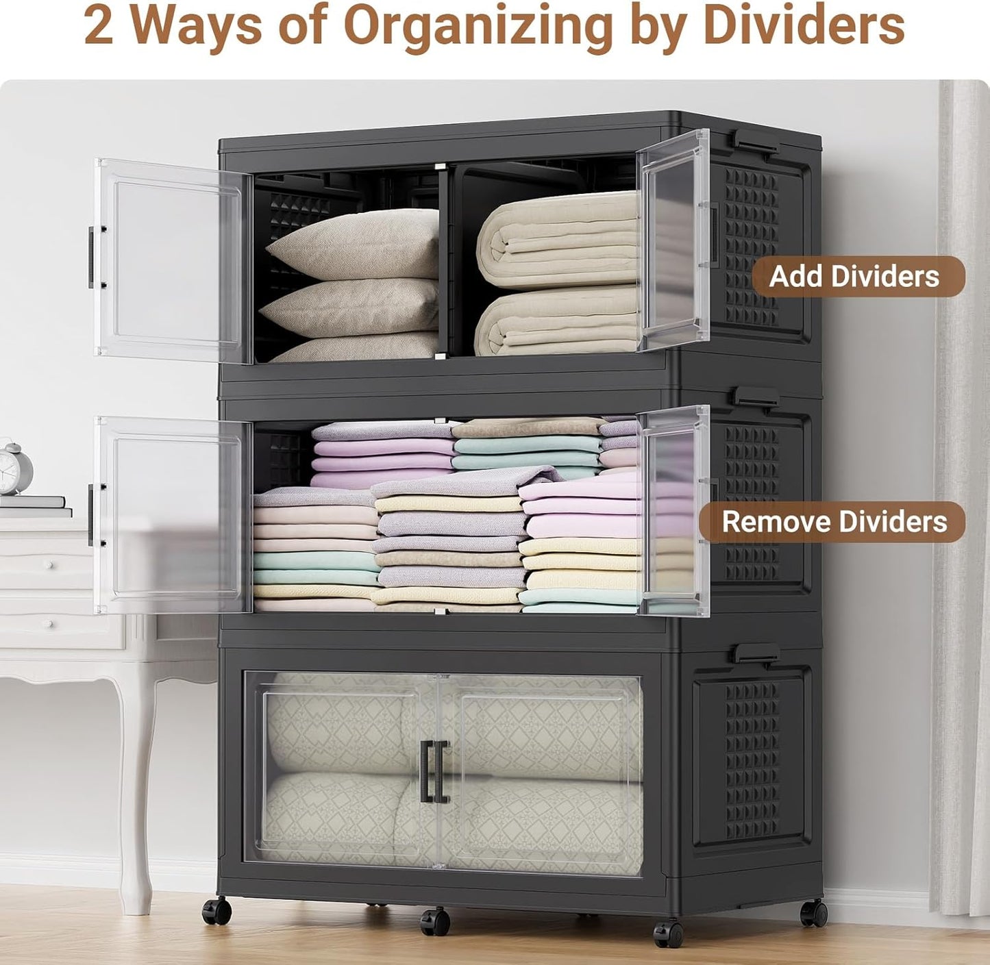 69.3"H 200Gal Plastic Storage Bins with Lid & Wheels,4Pack Extra Large Stackable Storage Bins with Dividers,Closet Organizers and Storage Cabinet Shelves Collapsible Box for Home Kitchen,Black