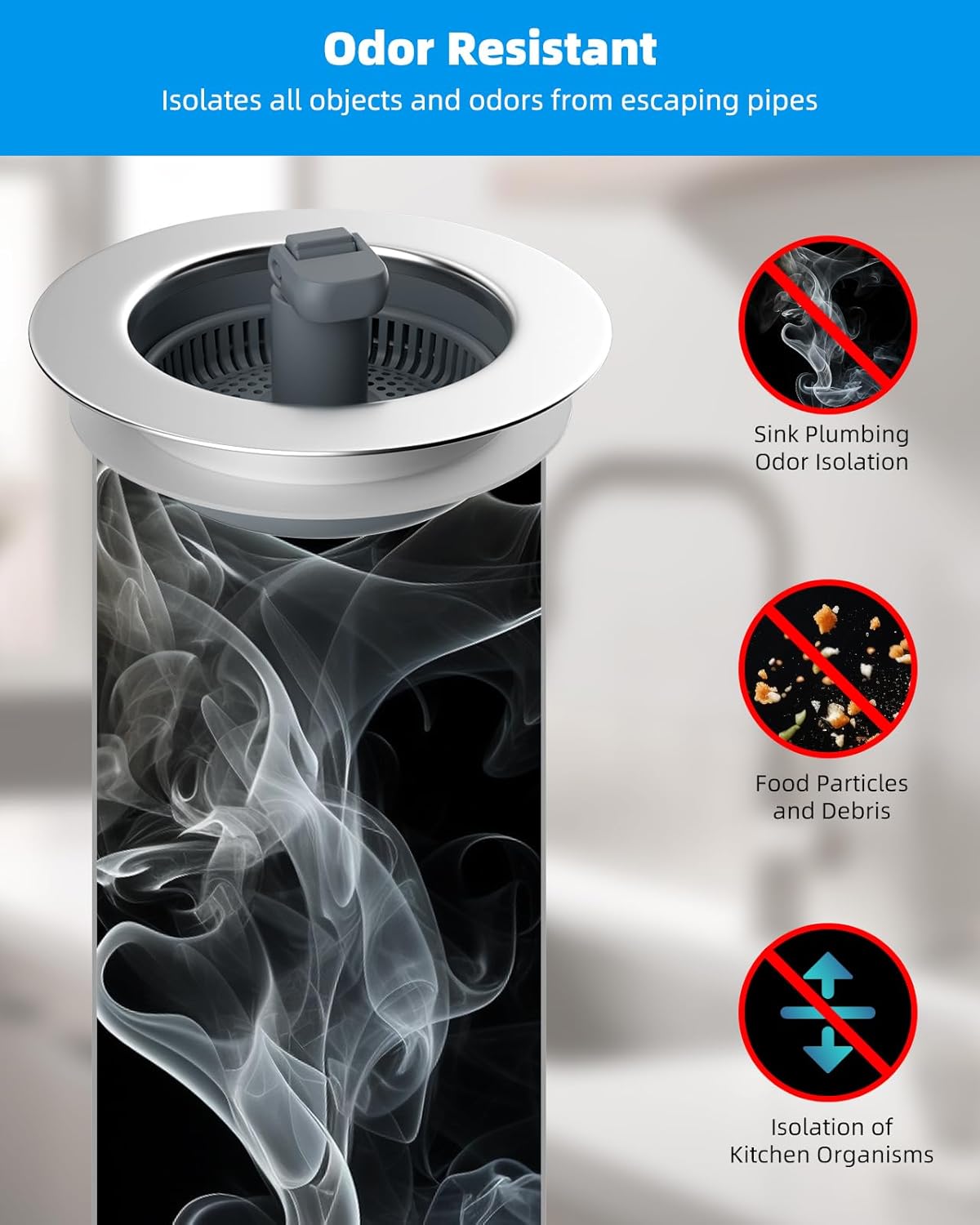 Hibbent 3 in 1 Kitchen Sink Drain Strainer and Stopper Combo, Chrome Stainless Steel Wraped Shell, 3 Anti-Clogging Basket Strainer with Foldable Handle for US Standard 3-1/2" Drain