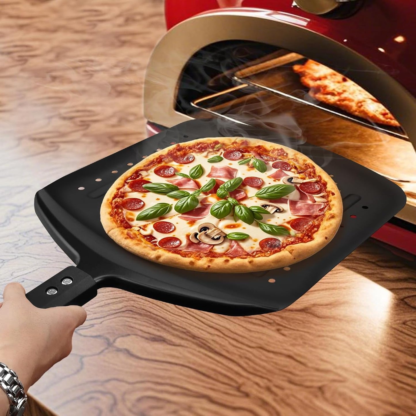 MANJIA Perforated Pizza Peel Aluminum 12 Inch Pizza Paddle Spatula Non-stick Metal Pizza Paddle with Rocker Cutter (12"x 14") Pizza Spatula Paddle Set for Family Homemade Baking Pizza Oven (black)