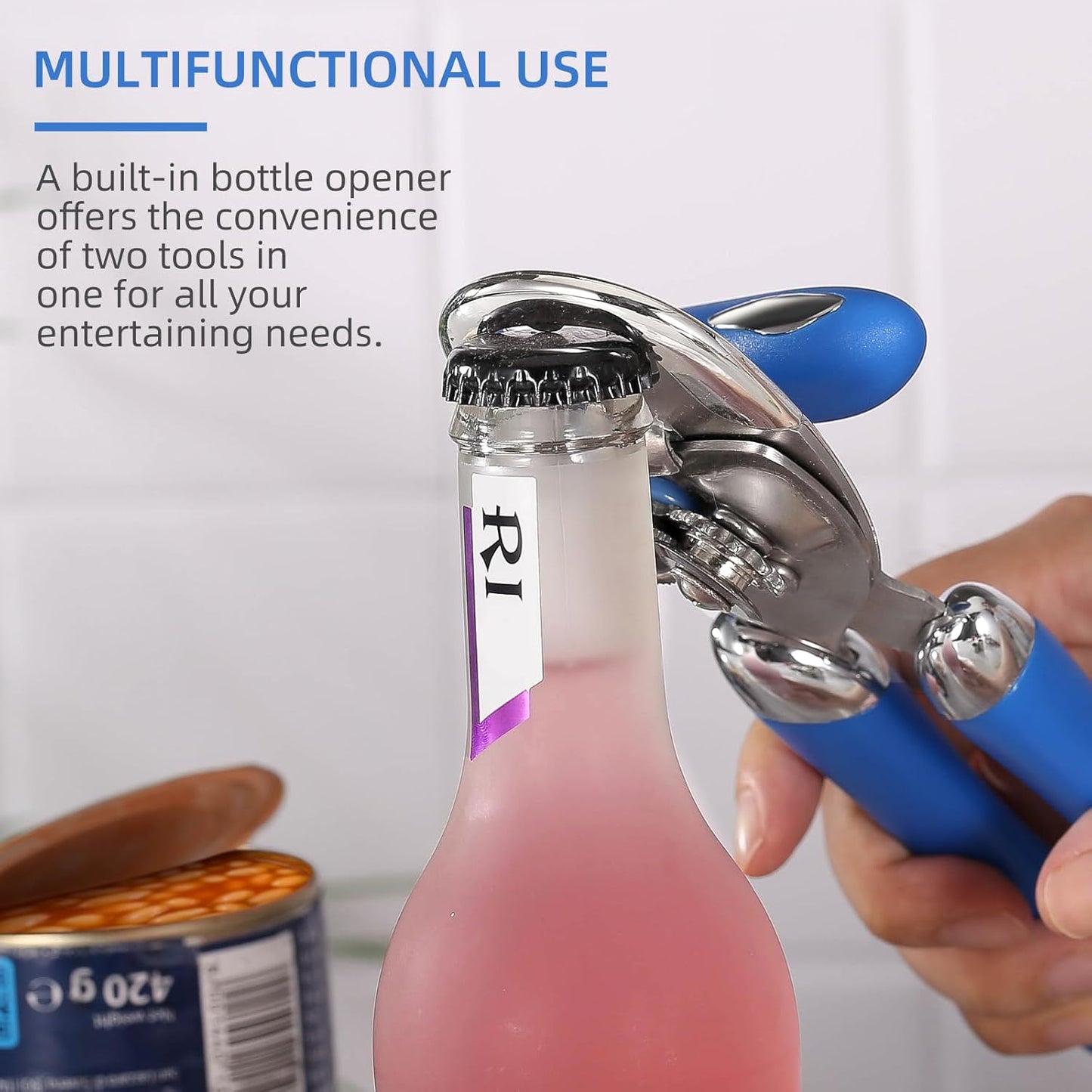 Multi-function Manual Can Opener Bottle Opener, Oversized Hand-held Easy Rotary Knob, Safe Cut Can Opener with Non-Slip Handle, Smoother Cut Sharp Blade for Seniors Kitchen Tool, Blue