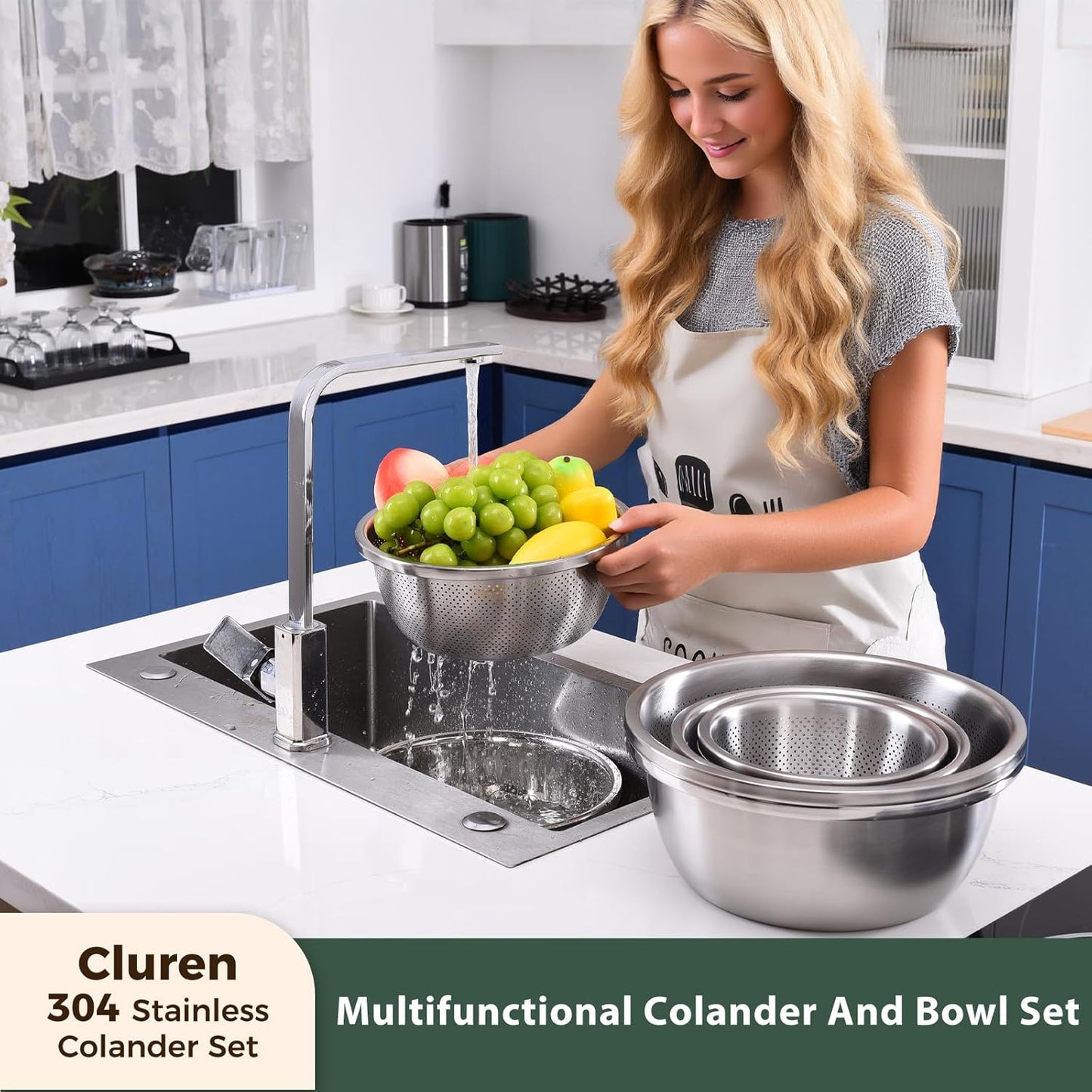 Colander and Bowl Set 5.0QT (2-in-1) - Thickened 304 Stainless Steel Kitchen Strainer Bowl for Fruit, Pasta, Vegetables, Rice - Heavy Duty, Induction Cooker & Dishwasher Safe