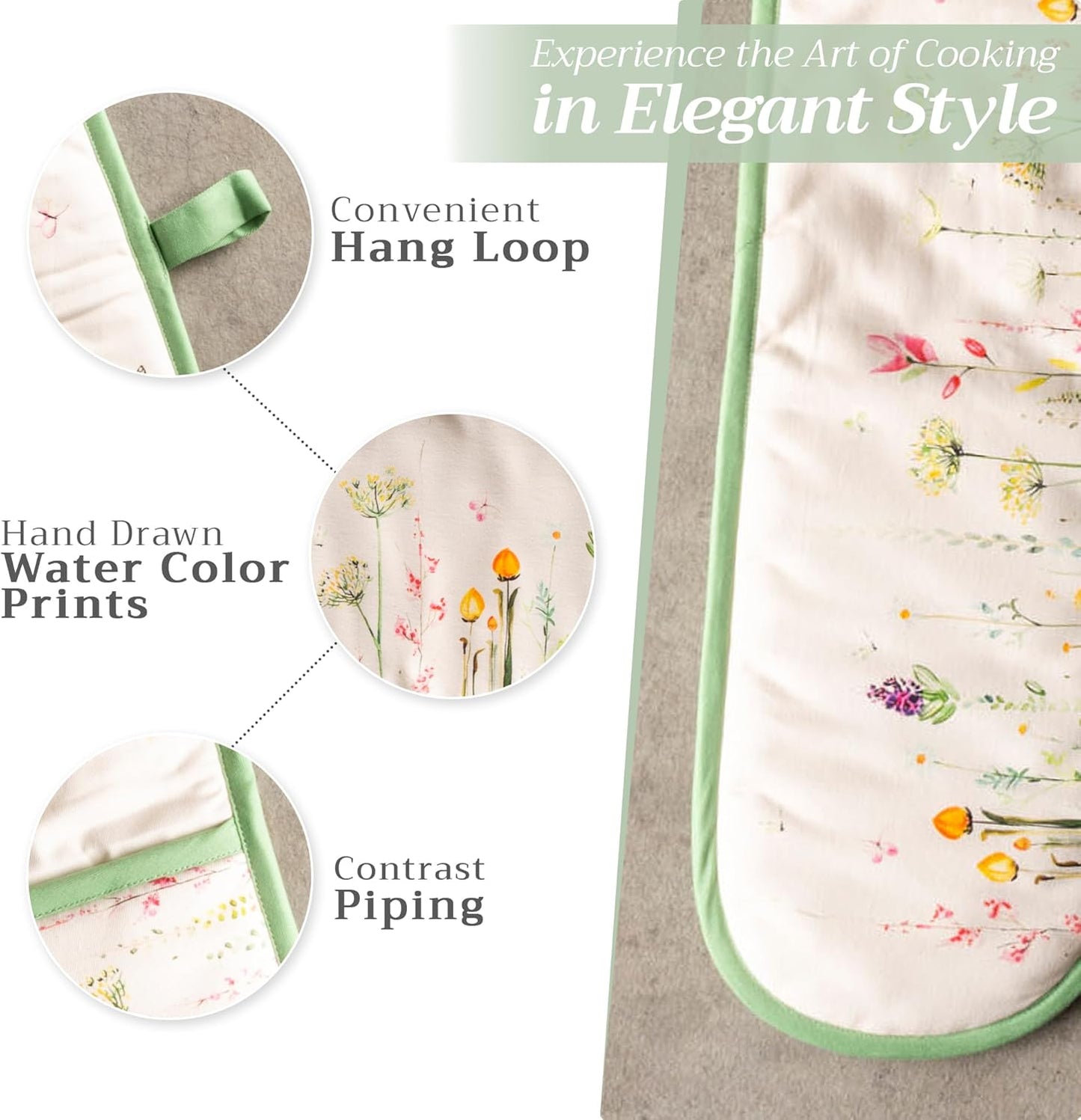 Maison d' Hermine Double Oven Mitts 100% Cotton 7"x35" Double Oven Mitt Heat Resistant BBQ Cooking Gloves with Loop, Baking, Grilling, Home, Kitchen, Handling Hot Pans Spring Summer (Botanical Fresh)