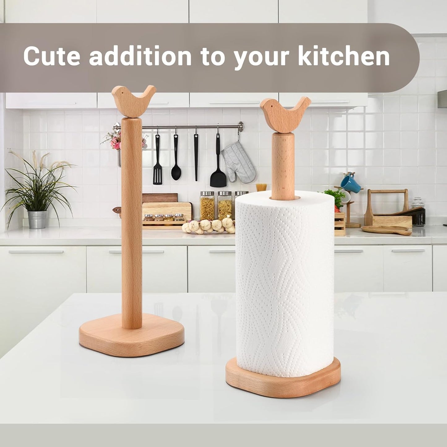 Paper Towel Holder, Cute Bird Wooden Kitchen Roll Stand Organizer Countertop Free Standing, Housewarming Gift New Home
