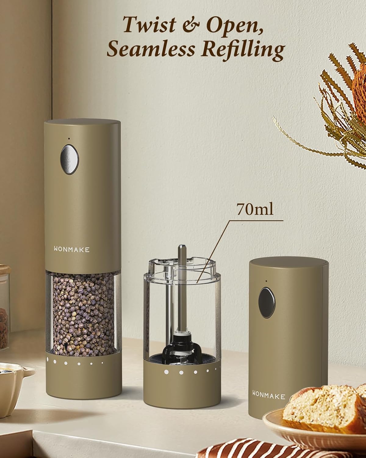 Electric Salt and Pepper Grinder Set - Automatic Refillable Salt and Pepper Grinders with Charging Base & LED Light, 6-Level Adjustable Coarseness with External Dial, Ideal Kitchen Gadget，Brown