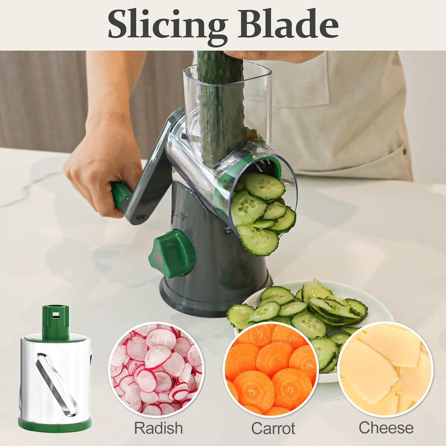 Cambom Rotary Cheese Grater Hand Crank Cheese Shredder for Fresh Cheese, Vegetable, Nuts,Non-slip Suction Base, Free Cleaning Brush Three Blades, Grey and Green