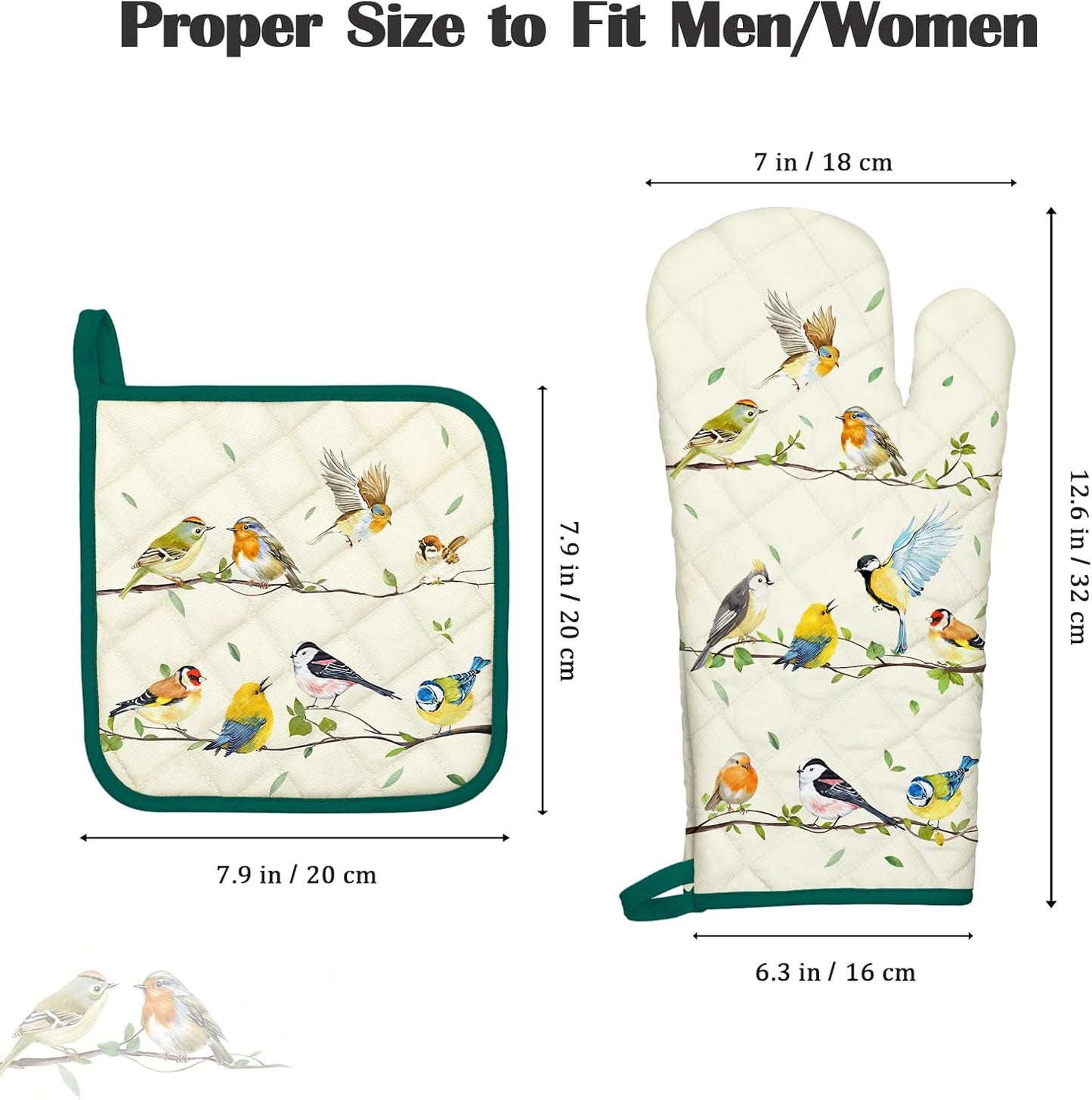 Bird Branch Oven Mitts and Pot Holders Sets 2Pcs, 100% Cotton Heat Resistant, Extra Long Oven Gloves Potholder for Kitchen Cooking Baking Decoration