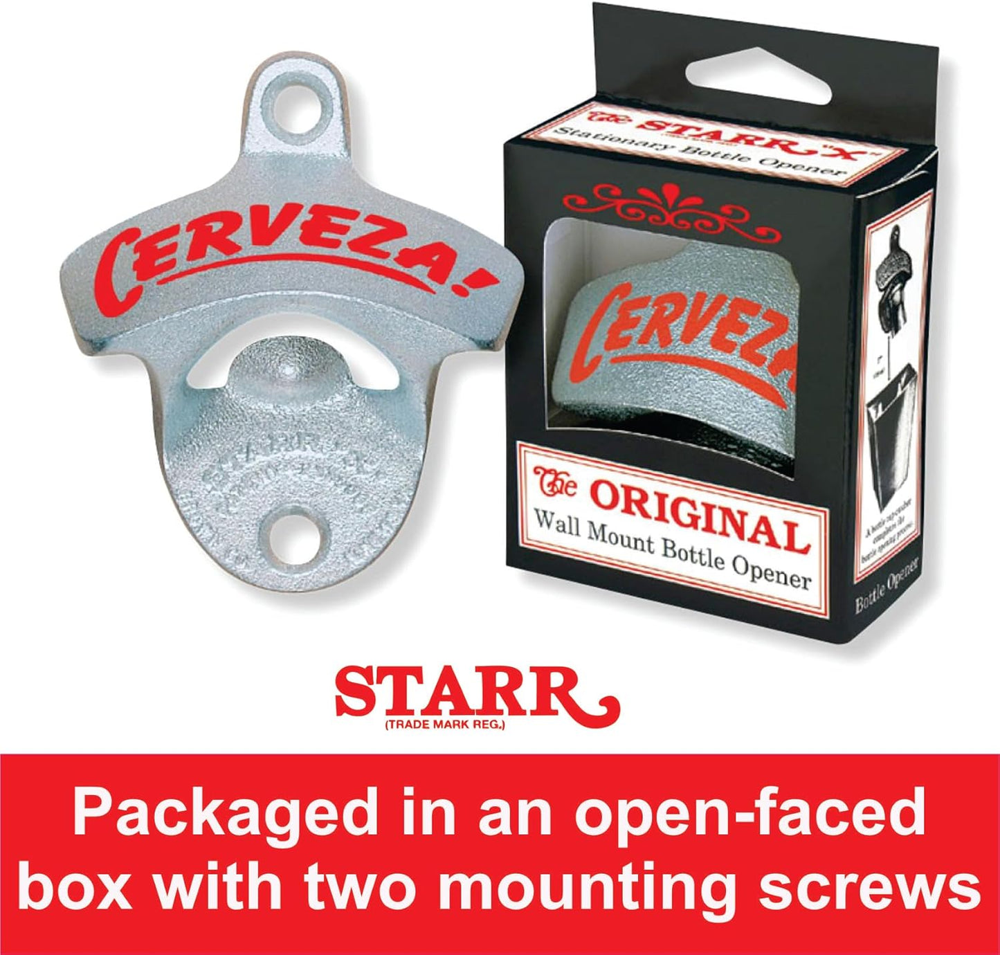 STARR "X" Cerveza Wall Mounted Bottle Opener | Classic Beer Bottle Opener for Home Bar, Kitchen, Patio, or Man Cave | Easy Cap Removal, Zinc Plated Cast Iron