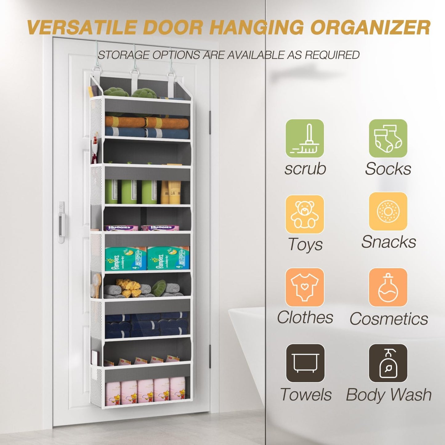 Over the Door Organizer with 5 Front & 10 Mesh Side Pockets, 50LB Capacity Extra Large Hanging Storage Organizer Multi-Room Space-Saving Design with 3 Sturdy Hook for Closet, Bathroom, Kitchen, Pantry