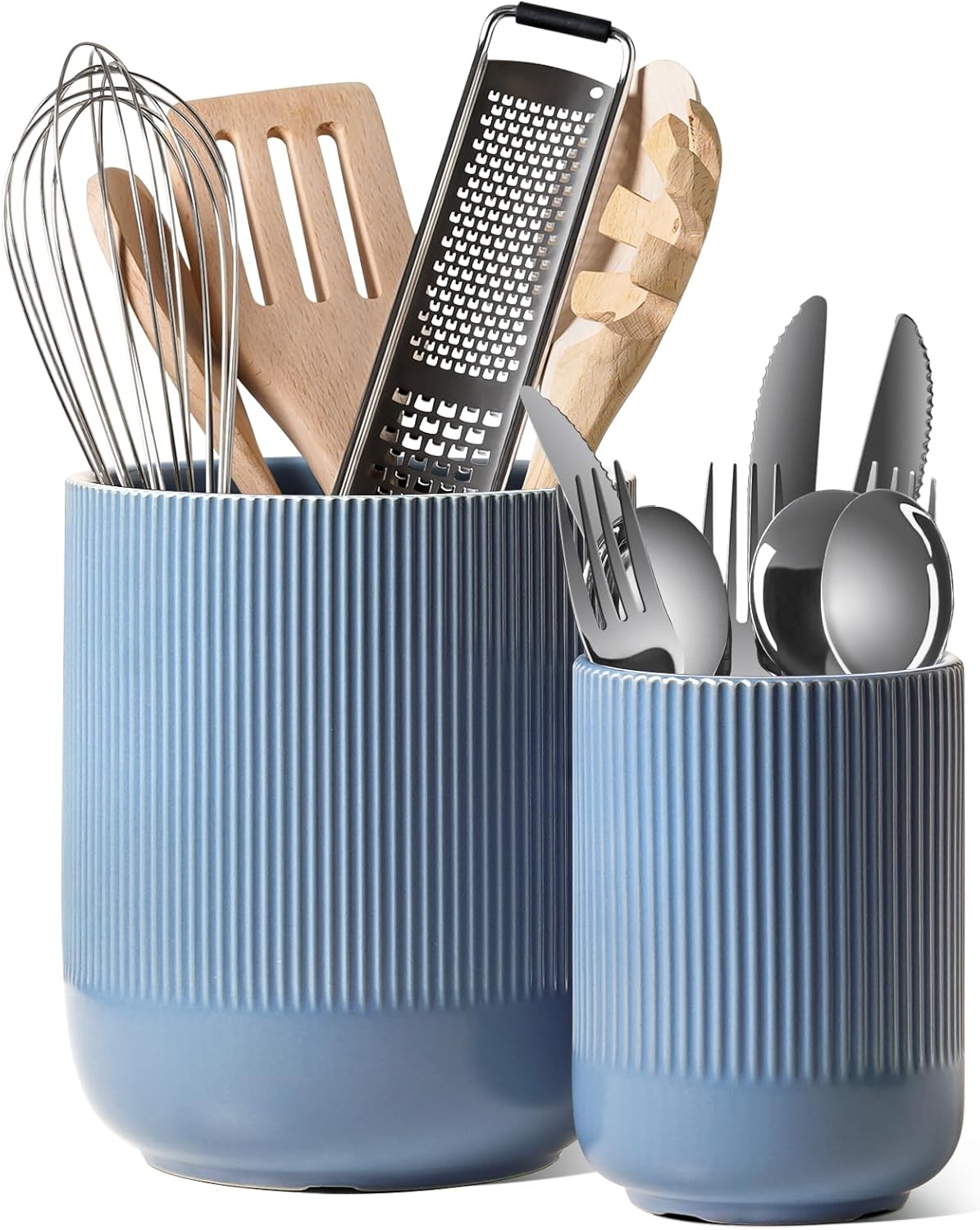 LE TAUCI Utensil Holder, 7.3"+5.4" Ceramic Kitchen Utensil Holder for Countertop, Large Cooking Utensil Crocks for Kitchen Counter, Modern Utensil Organizer for Spatula, Set of 2, Dusty Blue
