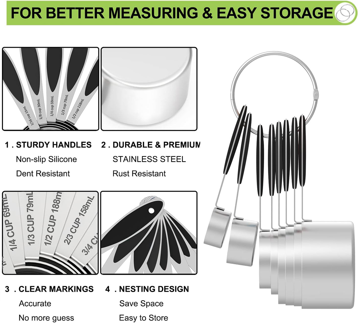 Measuring Cups and Spoons - Wildone Stainless Steel 20 Piece Stackable Set, Includes 8 Black Measuring Cups, 10 Measuring Spoons, 1 Leveler & 1 Whisk, for Dry and Liquid Ingredient