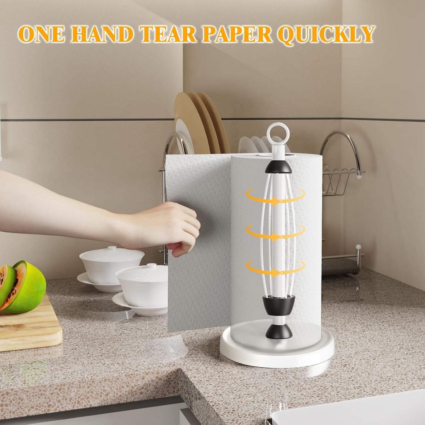 White Paper Towel Holder Countertop, White Kitchen Accessories Decor, One-Handed Tear, Stainless Steel, Weighted Base, Paper Towel Holder Stand with Ratchet System for Kitchen Farmhouse Essentials