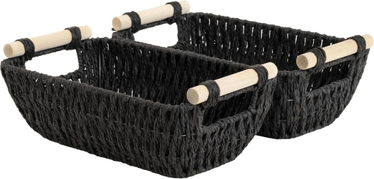 StorageWorks Black Wicker Storage Basket for Organizing with Wooden Handles, Small Woven Basket for Bathroom, Toilet Paper, 2-Pack