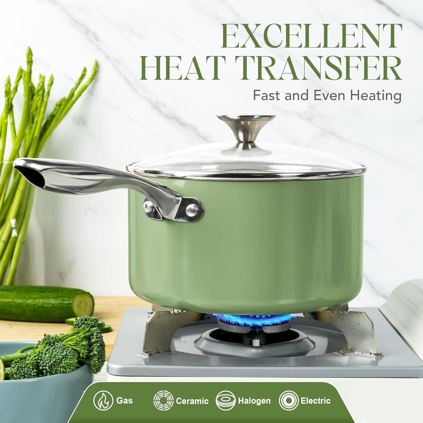 MICHELANGELO Sauce Pan with Lid, Non Stick Saucepan Set of 3-1Qt & 2Qt & 3Qt Small Pots for Cooking, Ceramic Saucepan - Non-Toxic, Scratch-Resistant, Oven Safe, Natural Green