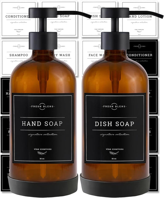 Vine Creations Amber Glass Soap Dispenser Set - Kitchen Soap Dispenser Set with Stainless Steel Pump - 16 oz Dish Soap and Hand Soap Dispensers for Bathroom with Silicone Pad & Waterproof Labels