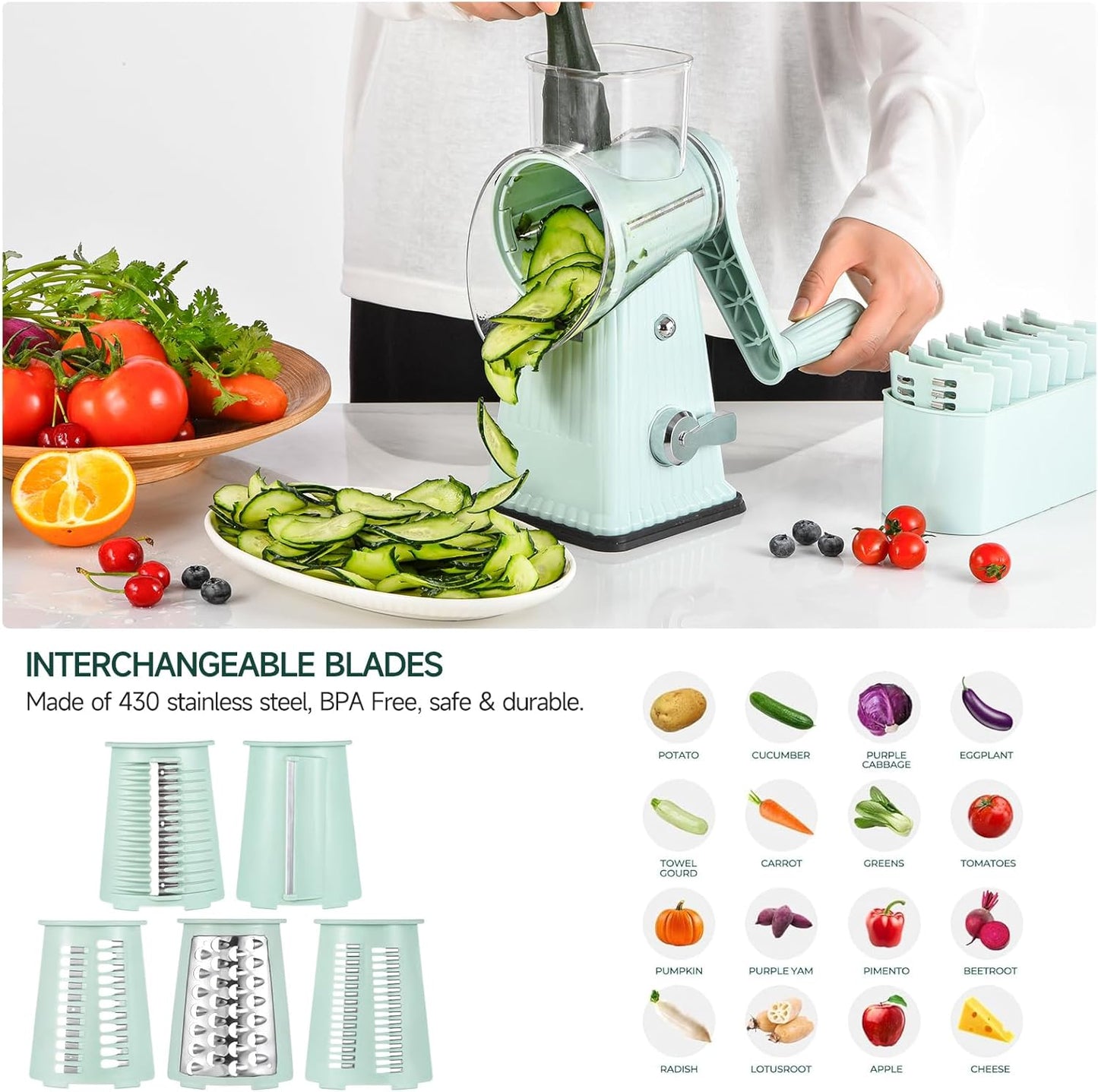 Rotary Cheese Grater, Vegetable Shredder 5 in 1 Cheese Grater with Handle edder Reinforced Suction,Easy to Clean,Kitchen Chopper for Crushed Ice,Fruits and Nuts with Blade Storage Case（Green）