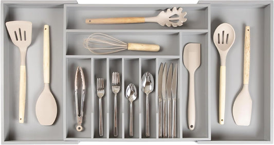 KitchenEdge Premium Silverware, Flatware and Utensil Organizer for Kitchen Drawers, Food-Safe Contract Grade, Expandable from 18 to 33 In, Gray Bamboo