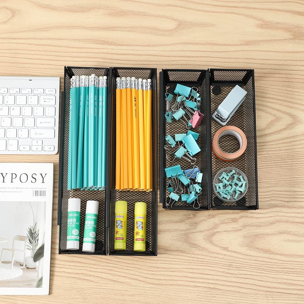 6 Pack Black Silverware Drawer Organizer Kitchen Drawer Utensil Cutlery Tray Office Supplies with Inter-locking Arm Drawer Dividers Organizer for Silverware, Flatware, Home,Office, School,Bedroom 12X3