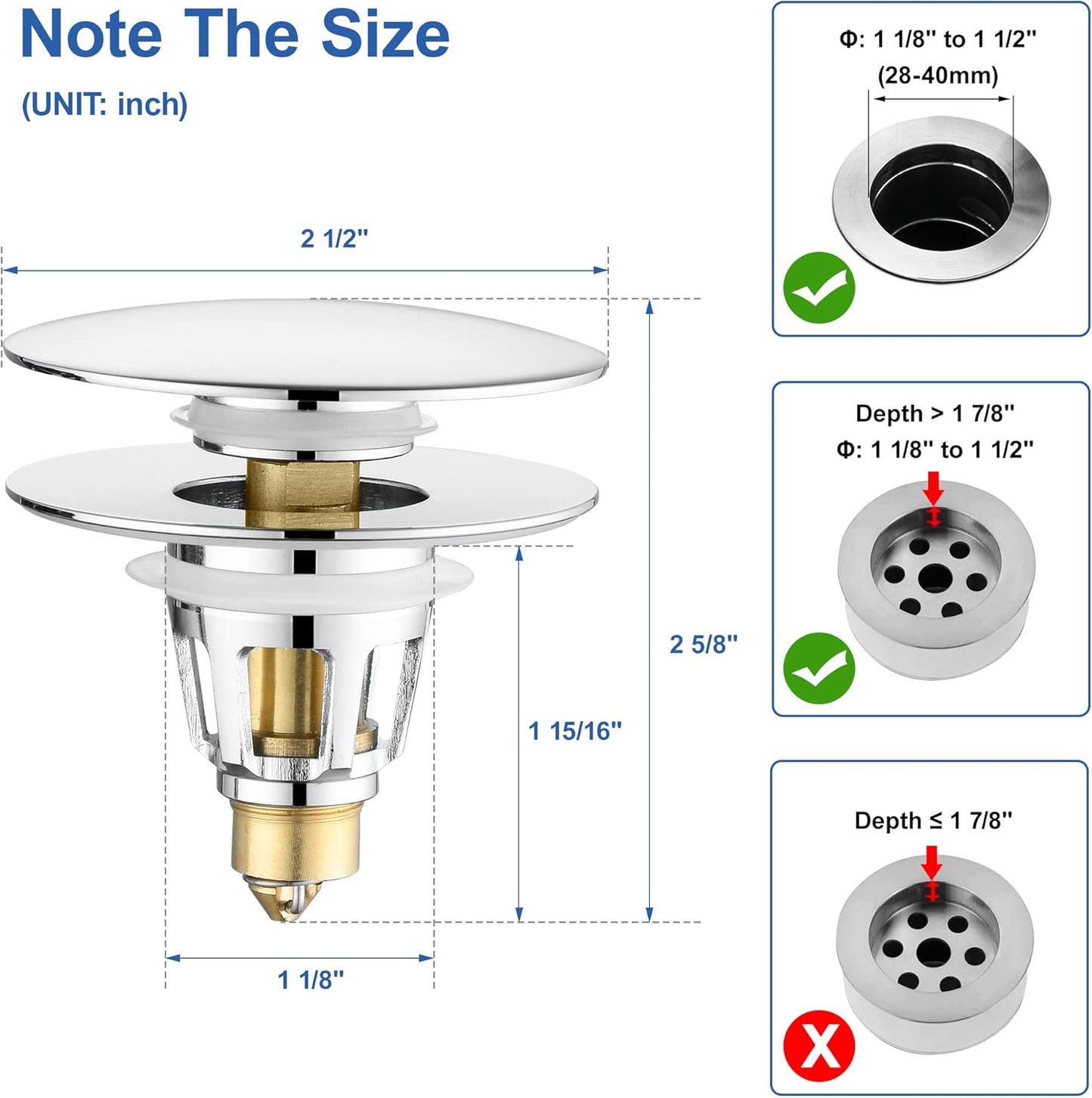 Universal 3-in-1 Bathroom Sink Stopper - Chrome Pop Up Sink Drain Stopper, Push Button Sink Drain Stopper Replacement, Wash Basin Drain Filter Plug with Anti-Clogging Strainer, (Large Cover)