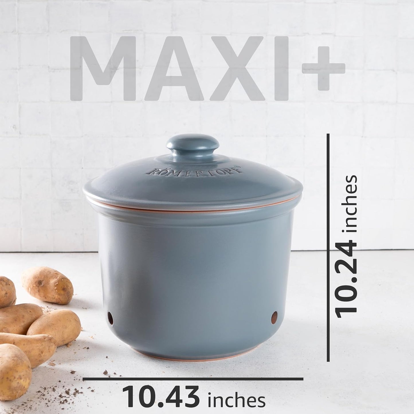 Romertopf Freshness Storage Potato Onion Garlic Clay Pot Set of 3 with Lids - Blue-gray