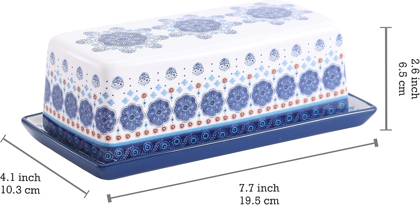 Bico Blue Talavera Ceramic Butter Dish with Lid, Wide Butter Keeper for Counter, Kitchen Countertop, Microwave and Dishwasher Safe