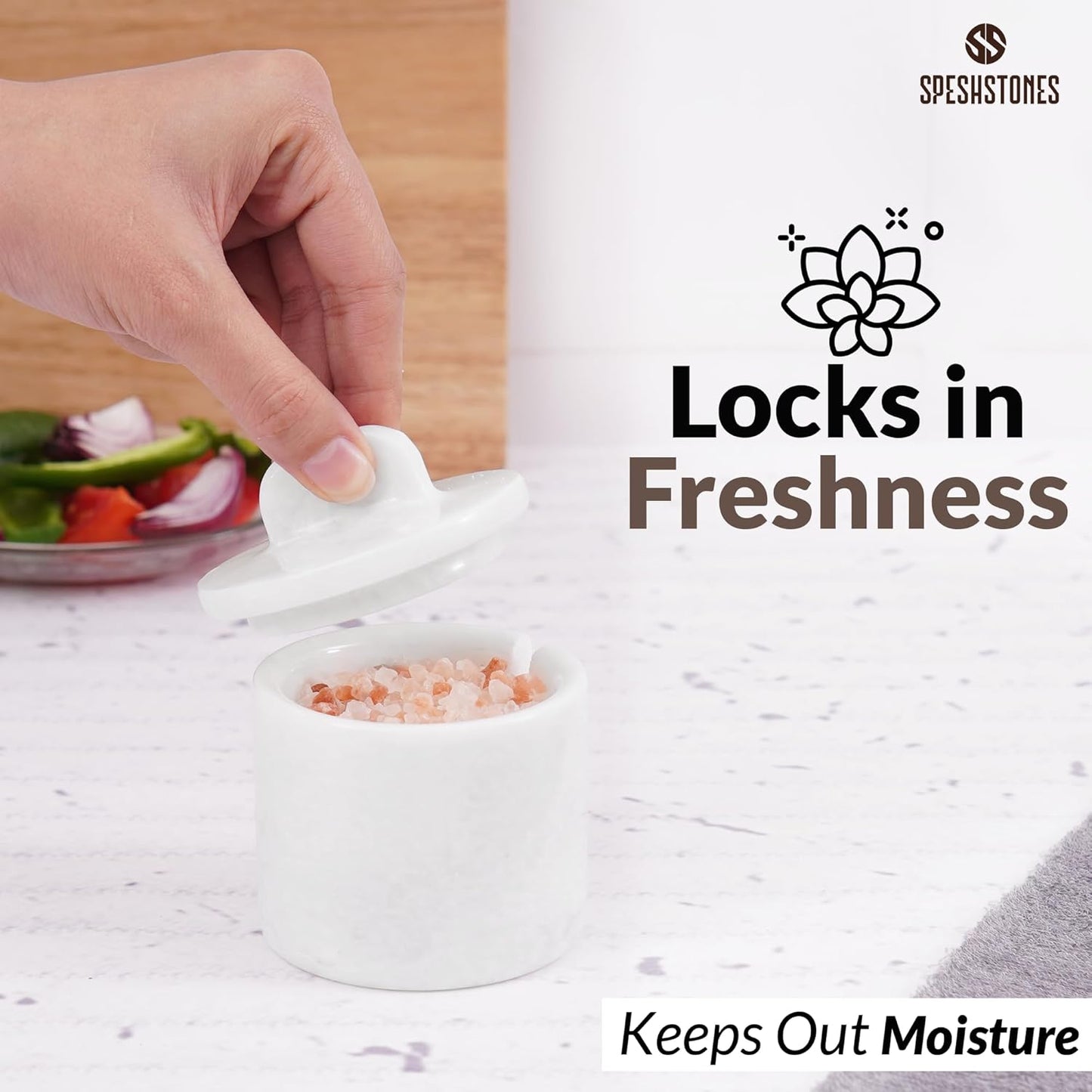 Marble Salt Cellar with Lid and Spoon 4 Inch White Handmade Small Seasoning Containers - Decorative Spice Jars, Sugar Bowl with Spoon & Flaky Salt Dish for Kitchen Countertop Storage