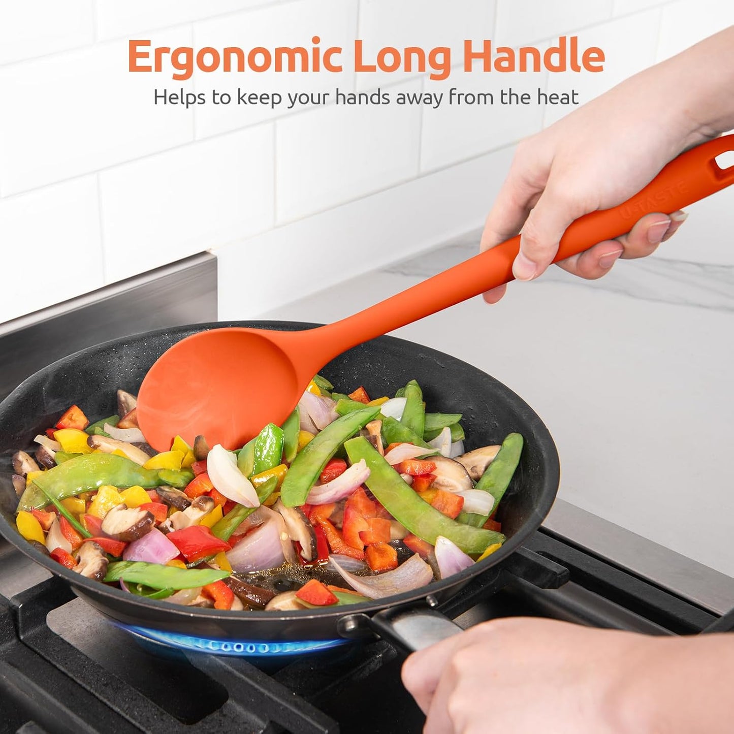 600ºF Heat Resistant Silicone Spoon: U-Taste 13.3in Solid Kitchen Cooking Spoon, Nonstick Food Grade Large & Long Soup Rubber Utensil for Mixing, Serving, Stirring, Basting, for Pot Cookware (Orange)