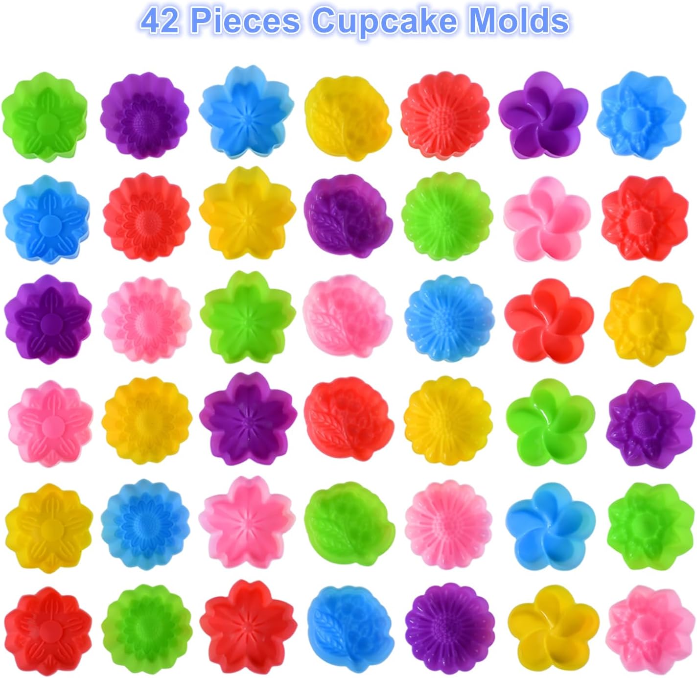 Reusable Silicone Baking Cups, 2 Inch Mini Size Silicone Cupcake Liners for baking, Multi Flower Shapes reusable Muffin Liners, Pack of 42