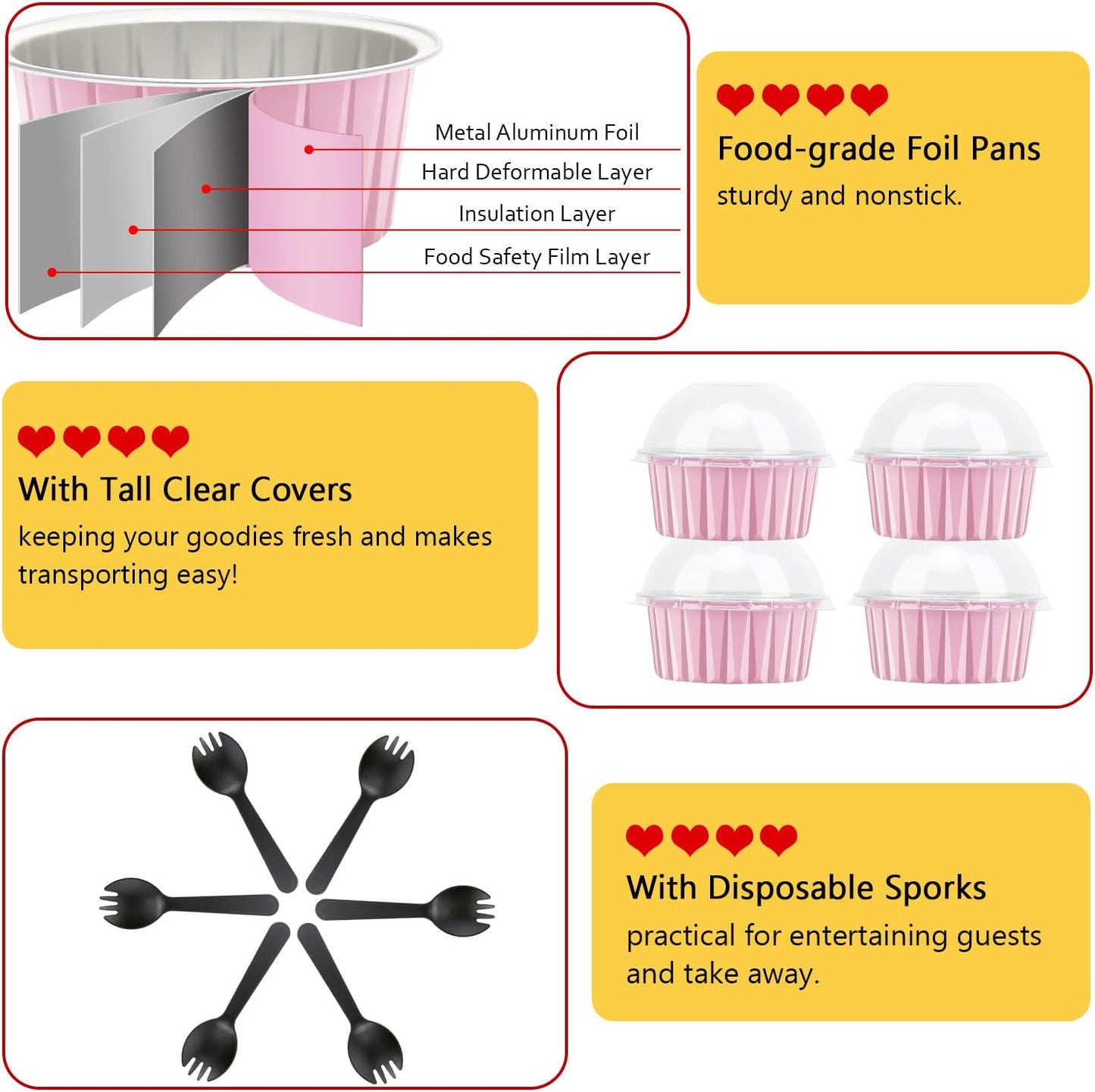 LNYZQUS 5oz Cupcake Pans with Dome Lids 100 Pack, Aluminum Foil Small Cake Baking Tin,Disposable Ramekins Cupcake Baking Cups Containers,Mini Pie Pans Muffin Tins Jumbo Cupcake Liners-Pink