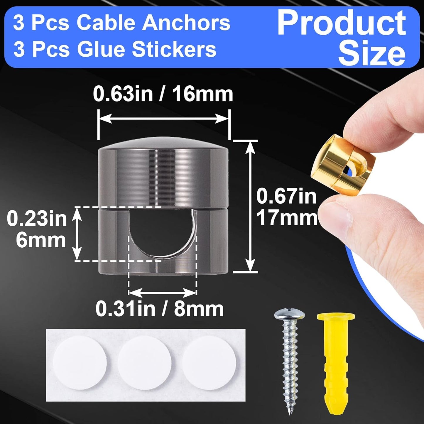 3 Sets Charger Holders for Cords, Gold/Silver/Antique Copper Adjustable Cable Anchor Holders, Adhesive Metal Cord Clips, Cable Management Wire Organizers for Desk, Office, Nightstand