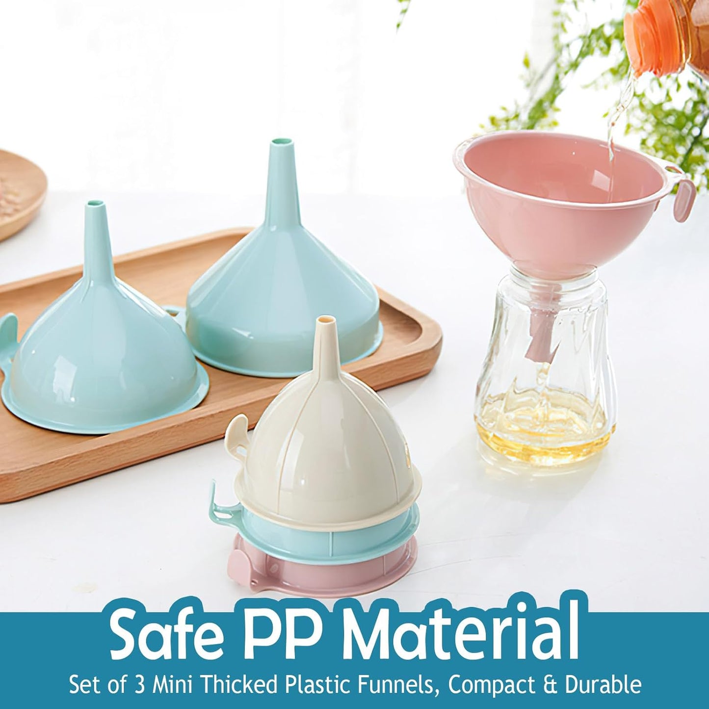 3-Piece Plastic Funnel Set - 5-Inch Diameter Kitchen Funnels for Bottles, Jars, and Lab Use (Blue)