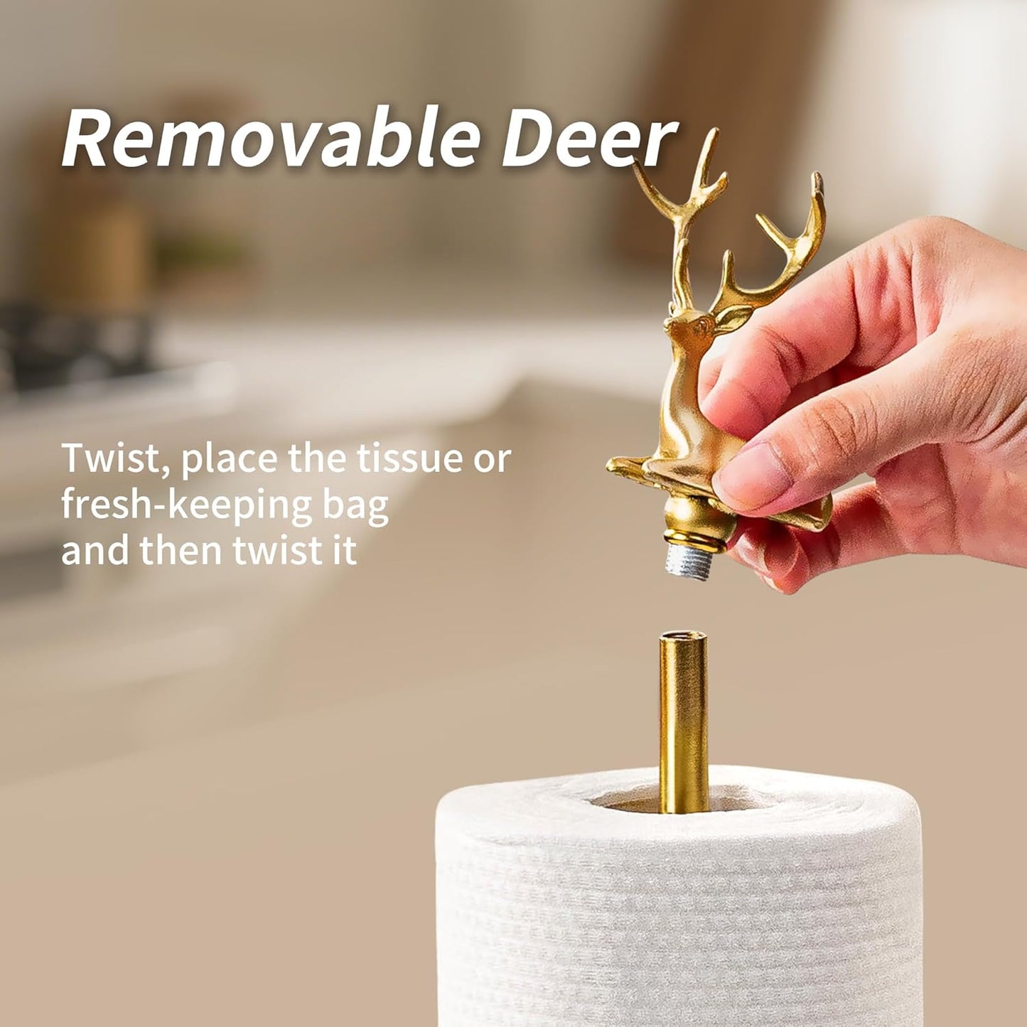 Gold Paper Towel Holder for Countertop, Vintage Brass Paper Holder for Kitchen, Bathroom, Dining Room, Non-Scratch Base & Detachable Deer
