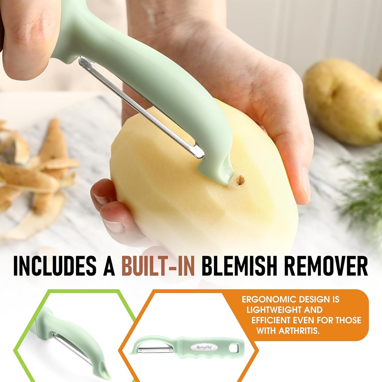 Spring Chef Premium Swivel Vegetable Peeler, Comfortable Handle and Ultra Sharp Stainless Steel Blades - Perfect Kitchen Peeler For Veggie, Fruit, Potato, Carrot, Apple - Pistachio