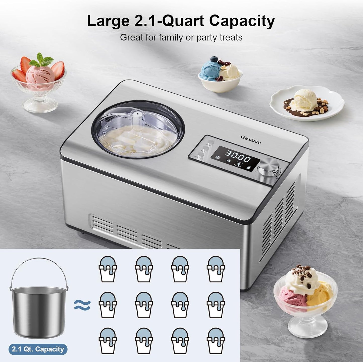 Ice Cream Maker with Upgraded Compressor, [40% Faster Freezing], No Pre-Freezing Needed, LED Display, 2.1 Qt Capacity, Easy Operation for Ice Cream & Yogurt, Stainless Steel